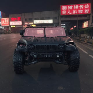 ((masterpiece、highest quality、genuine、Super detailed、High resolution、sharp focus、Live shooting、cinematic lighting))、((vehicle focus、there are no humans))、 4 wheels transport vehicle,Abandoned city at dusk,4 door,2 headlights,Double row seat,Correct perspective,big wheels,laser headlight,Body metal,Shield style,Edge wear