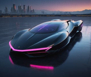  Ultra realistic 8K image, of a Shiny black Massive futurist spaceship with Neon edges and borders, parked on the ground in a space port hanger inspired by cyberpunk,wedge-shaped,  space area background, (Front Side view), sharp focus, symmetrical,fly car ,spcrft,Lamborghini 1980,Starship,HuracánCar,