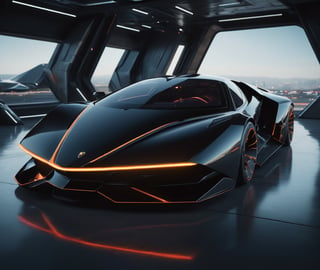  Ultra realistic 8K image, of a Shiny black Massive futurist spaceship with Neon edges and borders, parked on the ground in a space port hanger inspired by cyberpunk,wedge-shaped,  space area background, (Front Side view), sharp focus, symmetrical,fly car ,spcrft,Lamborghini 1980,Starship,HuracánCar,