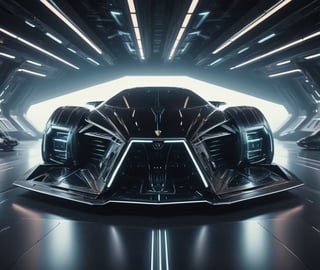  Ultra realistic 8K image, of a Shiny black Massive futurist spaceship with light edges and borders, parked on the ground in a space port hanger inspired by cyberpunk, Black,  space area background, (Front Side view), sharp focus, symmetrical,fly car ,spcrft,Lamborghini 1980,Starship,HuracánCar,futuristic car