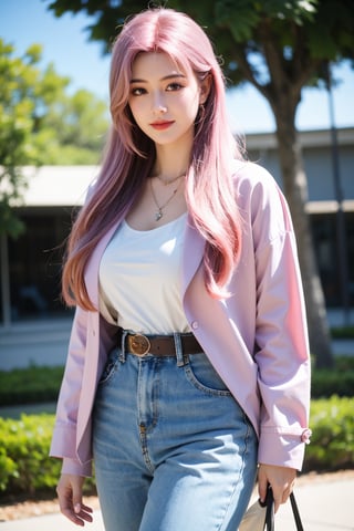 A young girl with vibrant pink hair and long locks framing her heart-shaped face. She gazes directly at the viewer, a warm smile spreading across her closed-mouthed lips. Her green eyes sparkle as she wears a white shirt with a jacket open to reveal a belt and necklace. A bag slung over her shoulder, she stands confidently, her denim jacket worn over a blue one, creating a sense of depth and texture in the blurred background.,Xyunxiao,(big breasts:1.59),Ziling