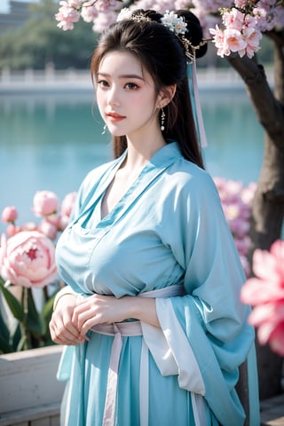 Masterpiece, Best Quality,young and beautiful Chinese girl wearing a cheongsam with coiled hair,wearing vintage Chinese earrings, (big breasts:1.45),1girl, half, (Masterpiece:1.2), best quality,arien_hanfu, 1girl, (spring scene:1.59), (light blue hanfu dress:1.29),looking_at_viewer, (big breasts:1.69),Young beauty spirit,(The background is the Forbidden City1.39),Xyunxiao,(Large aperture, blurred background, spring scene, peony flowers:1.39)