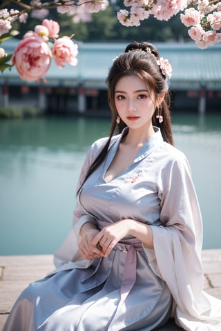 Masterpiece, Best Quality,young and beautiful Chinese girl wearing a cheongsam with coiled hair,wearing vintage Chinese earrings, (big breasts:1.45),1girl, half, (Masterpiece:1.2), best quality,arien_hanfu, 1girl, (spring scene:1.59), (red hanfu dress:1.29),looking_at_viewer, (big breasts:1.69),Young beauty spirit,(The background is the Forbidden City1.39),Xyunxiao,(Large aperture, blurred background, spring scene, peony flowers:1.39)