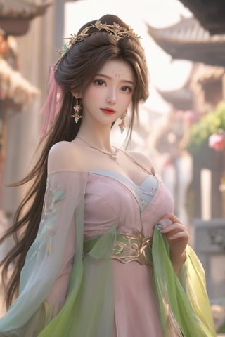   (masterpiece, best quality:1.2), realistic,1girl, solo, looking at viewer, (light pink-green dress:1.29).realistic, midriff, bare shoulders, standting, hair ornament, long hair, jewelry, brown hair, parted lips, skirt, short skirt, cowboy shot,Xyunxiao, ,(huge breasts:1.69), 