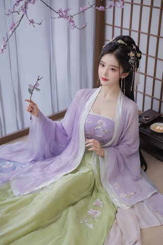 (masterpiece, best quality:1.2),1girl, solo, long hair, black hair,Hairpins,necklace, hair ornament, dress, full body, flower, earrings, indoors, hair bun, (purple-green dress:1.23),(Tube top Hanfu long skirt:1.1), pillow, bed, night, chinese clothes, table, branch,daxiushan, ,daxiushan style,(huge breasts:1.99), (full breasts:1.59), realistic,hanfu, daxiushan,Shoulders are exposed, , daxiushan, arien_hanfu, FilmGirl,Xningyudie