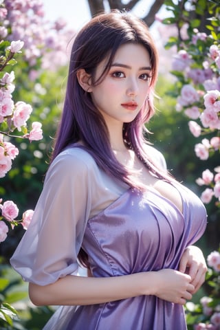 (masterpiece, best quality:1.2), highres, extremely detailed, 1 girl, purple hair, eye highlights,purple dress, frills, outdoors, flower, fluttering petals, upper body, depth of field,pastel color, Depth of field,garden of the sun,shiny,flowers, garden, 1girl, butterfly style, butterflies, ultra detailed, glary,Light, light particles,glitter,reflect,,(big breasts:1.23),Xyunxiao,sky_moon