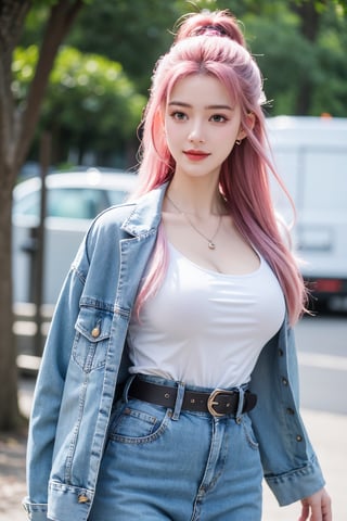 A young girl with vibrant pink hair and long locks framing her heart-shaped face. She gazes directly at the viewer, a warm smile spreading across her closed-mouthed lips. Her green eyes sparkle as she wears a white shirt with a jacket open to reveal a belt and necklace. A bag slung over her shoulder, she stands confidently, her denim jacket worn over a blue one, creating a sense of depth and texture in the blurred background.,Xyunxiao,(big breasts:1.79),Ziling