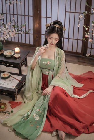 (masterpiece, best quality:1.2),1girl, solo, long hair, black hair,Hairpins,necklace, hair ornament, dress, full body, flower, earrings, indoors, hair bun, (red-green dress:1.23),(Tube top Hanfu long skirt:1.1), pillow, bed, night, chinese clothes, table, branch,daxiushan, ,daxiushan style,(huge breasts:1.99), (full breasts:1.59), realistic,hanfu, daxiushan,Shoulders are exposed, , daxiushan, arien_hanfu, FilmGirl,Xningyudie