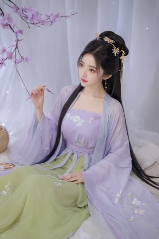 (masterpiece, best quality:1.2),1girl, solo, long hair, black hair,Hairpins,necklace, hair ornament, dress, full body, flower, earrings, indoors, hair bun, (purple-green dress:1.23),(Tube top Hanfu long skirt:1.1), pillow, bed, night, chinese clothes, table, branch,daxiushan, ,daxiushan style,(huge breasts:1.99), (full breasts:1.59), realistic,hanfu, daxiushan,Shoulders are exposed, , daxiushan, arien_hanfu, FilmGirl,Xningyudie