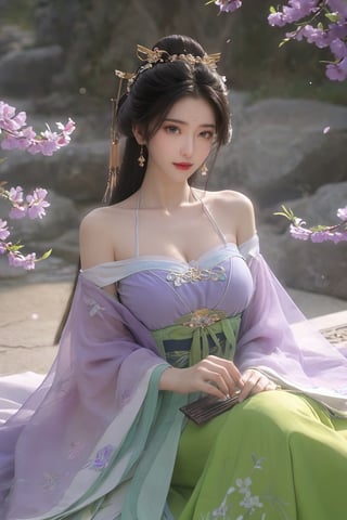 (masterpiece, best quality:1.2),1girl, solo, long hair, black hair,Hairpins,necklace, hair ornament, dress, full body, flower, earrings, indoors, hair bun, (purple-green dress:1.23),(Tube top Hanfu long skirt:1.1), pillow, bed, night, chinese clothes, table, branch,daxiushan, ,daxiushan style,(huge breasts:1.99), (full breasts:1.59), realistic,hanfu, daxiushan,Shoulders are exposed, , daxiushan, arien_hanfu, FilmGirl,Xningyudie