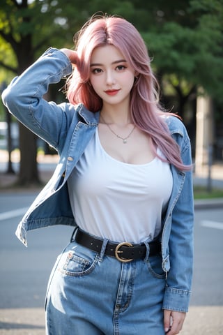 A young girl with vibrant pink hair and long locks framing her heart-shaped face. She gazes directly at the viewer, a warm smile spreading across her closed-mouthed lips. Her green eyes sparkle as she wears a white shirt with a jacket open to reveal a belt and necklace. A bag slung over her shoulder, she stands confidently, her denim jacket worn over a blue one, creating a sense of depth and texture in the blurred background.,Xyunxiao,(big breasts:1.79),Ziling