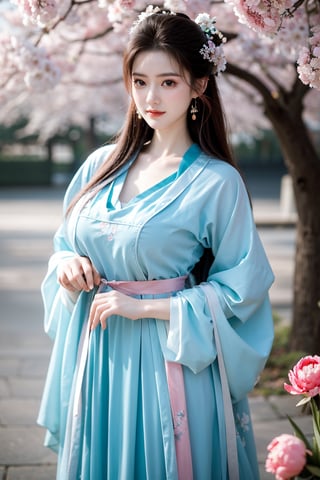 Masterpiece, Best Quality,young and beautiful Chinese girl wearing a cheongsam with coiled hair,wearing vintage Chinese earrings, (big breasts:1.45),1girl, half, (Masterpiece:1.2), best quality,arien_hanfu, 1girl, (spring scene:1.59), (light blue hanfu dress:1.29),looking_at_viewer, (big breasts:1.69),Young beauty spirit,(The background is the Forbidden City1.39),Xyunxiao,(Large aperture, blurred background, spring scene, peony flowers:1.39)