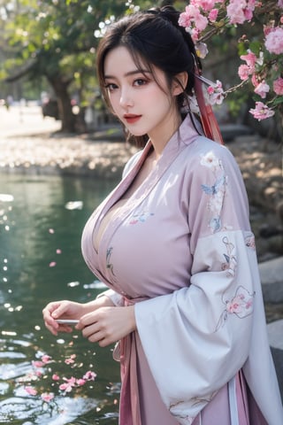 (masterpiece, best quality:1.2), highres, extremely detailed, 1 girl, purple hair, eye highlights,(light red hanfu dress:1.29), frills, outdoors, flower, fluttering petals, upper body, depth of field,pastel color, Depth of field,garden of the sun,shiny,flowers, garden, 1girl, butterfly style, butterflies, ultra detailed, glary,Light, light particles,glitter,reflect,,(big breasts:1.6),Xyunxiao,(full moon:1.29),waterfall 