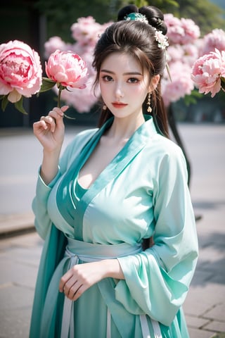 Masterpiece, Best Quality,young and beautiful Chinese girl wearing a cheongsam with coiled hair,wearing vintage Chinese earrings, (big breasts:1.45),1girl, half, (Masterpiece:1.2), best quality,arien_hanfu, 1girl, (spring scene:1.59), (light green hanfu dress:1.29),looking_at_viewer, (big breasts:1.69),Young beauty spirit,(The background is the Forbidden City1.39),Xyunxiao,(Large aperture, blurred background, spring scene, peony flowers:1.39)