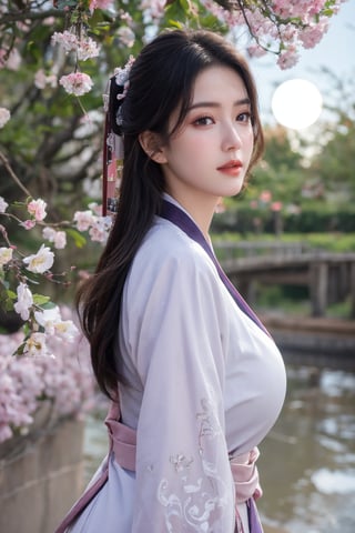 (masterpiece, best quality:1.2), highres, extremely detailed, 1 girl, purple hair, eye highlights,(light red hanfu dress:1.29), frills, outdoors, flower, fluttering petals, upper body, depth of field,pastel color, Depth of field,garden of the sun,shiny,flowers, garden, 1girl, butterfly style, butterflies, ultra detailed, glary,Light, light particles,glitter,reflect,,(big breasts:1.6),Xyunxiao,(full moon:1.29),waterfall 