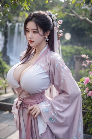 (masterpiece, best quality:1.2), highres, extremely detailed, 1 girl, purple hair, eye highlights,(light red hanfu dress:1.29), frills, outdoors, flower, fluttering petals, upper body, depth of field,pastel color, Depth of field,garden of the sun,shiny,flowers, garden, 1girl, butterfly style, butterflies, ultra detailed, glary,Light, light particles,glitter,reflect,,(big breasts:1.6),Xyunxiao,(full moon:1.29),waterfall 