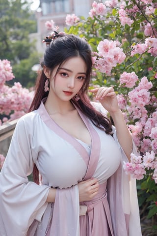 (masterpiece, best quality:1.2), highres, extremely detailed, 1 girl, purple hair, eye highlights,(light red hanfu dress:1.29), frills, outdoors, flower, fluttering petals, upper body, depth of field,pastel color, Depth of field,garden of the sun,shiny,flowers, garden, 1girl, butterfly style, butterflies, ultra detailed, glary,Light, light particles,glitter,reflect,,(big breasts:1.63),Xyunxiao,(full moon:1.23)