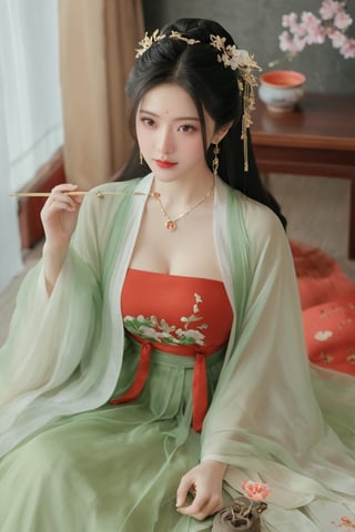 (masterpiece, best quality:1.2),1girl, solo, long hair, black hair,Hairpins,necklace, hair ornament, dress, full body, flower, earrings, indoors, hair bun, (red-green dress:1.23),(Tube top Hanfu long skirt:1.1), pillow, bed, night, chinese clothes, table, branch,daxiushan, ,daxiushan style,(huge breasts:1.99), (full breasts:1.59), realistic,hanfu, daxiushan,Shoulders are exposed, , daxiushan, arien_hanfu, FilmGirl,Xningyudie