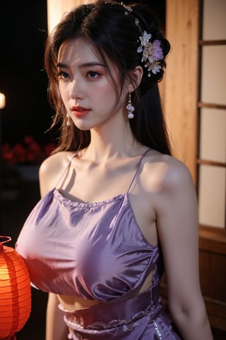   (masterpiece, best quality:1.2),1girl, navel, solo, midriff, bare shoulders, lantern, hair ornament, flower, hair flower, paper lantern, black hair, red lips, looking at viewer, chinese clothes, (light purple dress:1.29), purple eyes,blurry, solo focus, long hair, lips, night, lipstick, outdoors, upper body, blurry,(huge breasts:1.46), background, solo, makeup, hair bun,Xyunxiao,full moon