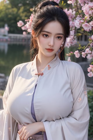 (masterpiece, best quality:1.2), highres, extremely detailed, 1 girl, purple hair, eye highlights,(light red hanfu dress:1.29), frills, outdoors, flower, fluttering petals, upper body, depth of field,pastel color, Depth of field,garden of the sun,shiny,flowers, garden, 1girl, butterfly style, butterflies, ultra detailed, glary,Light, light particles,glitter,reflect,,(big breasts:1.63),Xyunxiao,(full moon:1.23)