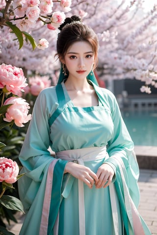 Masterpiece, Best Quality,young and beautiful Chinese girl wearing a cheongsam with coiled hair,wearing vintage Chinese earrings, (big breasts:1.45),1girl, half, (Masterpiece:1.2), best quality,arien_hanfu, 1girl, (spring scene:1.59), (light green hanfu dress:1.29),looking_at_viewer, (big breasts:1.69),Young beauty spirit,(The background is the Forbidden City1.39),Xyunxiao,(Large aperture, blurred background, spring scene, peony flowers:1.39)