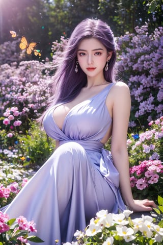 (masterpiece, best quality:1.2), highres, extremely detailed, 1 girl, purple hair, eye highlights,purple dress, frills, outdoors, flower, fluttering petals, full body, sitting,depth of field,pastel color, Depth of field,garden of the sun,shiny,flowers, garden, 1girl, butterfly style, butterflies, ultra detailed, glary,Light, light particles,glitter,reflect,,(big breasts:1.37),Xyunxiao,full moon