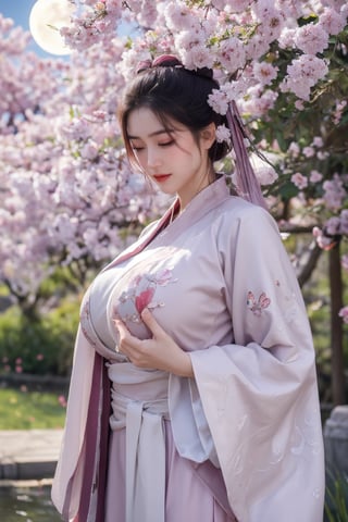 (masterpiece, best quality:1.2), highres, extremely detailed, 1 girl, purple hair, eye highlights,(light red hanfu dress:1.29), frills, outdoors, flower, fluttering petals, upper body, depth of field,pastel color, Depth of field,garden of the sun,shiny,flowers, garden, 1girl, butterfly style, butterflies, ultra detailed, glary,Light, light particles,glitter,reflect,,(big breasts:1.6),Xyunxiao,(full moon:1.29),waterfall 