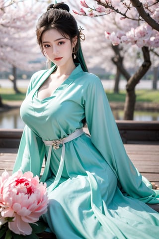 Masterpiece, Best Quality,young and beautiful Chinese girl wearing a cheongsam with coiled hair,wearing vintage Chinese earrings, (big breasts:1.45),1girl, half, (Masterpiece:1.2), best quality,arien_hanfu, 1girl, (spring scene:1.59), (light green hanfu dress:1.29),looking_at_viewer, (big breasts:1.69),Young beauty spirit,(The background is the Forbidden City1.39),Xyunxiao,(Large aperture, blurred background, spring scene, peony flowers:1.39)