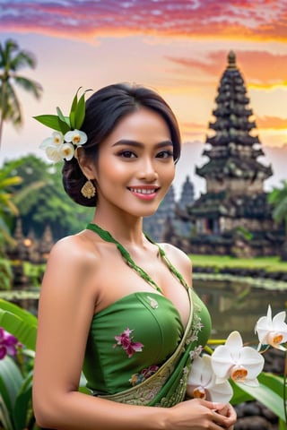 A beautiful Indonesian woman elegantly wearing a green Kebaya and sarong, gently holding an orchid flower, smiling, looking at the camera, standing in a cool garden surrounded by blooming orchids. In the distance, majestic birds soar in the sky, and the iconic Prambanan temple stands as a beautiful backdrop. The image is 3D, HDR, ultrarealistic, and hyper photorealistic.