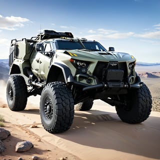 Masterpiece, 4k, High Resolution, Octane Render, Unreal Engine 5, Award Winning, Dramatic Lighting, Intricate, 8k Highly Professional Detail, HDR, Smooth, Sharp Focus, Illustration, Unreal Engine 5, Octane Render, Cinematic Light, dynamic volumetric lighting, Off-road suspension,baja, Armored vehicle,suv, all-terrain vehicle, concept, science fiction,(gmc:0.5), Peterbilt 389,concept car,(f350:0.2),oshkosh m-atv,mrap, jltv,humvee, Knight XV ,KOMBAT,mint 400, Lamborghini Countach 1980,Benz Ener-G-Force Concept Car,sr-71,robot style,future,Super high suspension,TechStreetwear,High body,Super huge tires, super wide chassis,Wheel symmetry,No rear-view mirror,exosuit,LegendDarkFantasy, 3D SINGLE TEXT,HYPER REAL,mecha\(hubggirl)\,tactical gear,vehicle