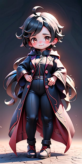 (masterpiece, best quality:1.2),patterned background, cowboy shot, solo, 1girl, ozen, expressionless, closed mouth, looking at viewer, hands on hips, black jacket, black cape, black pants