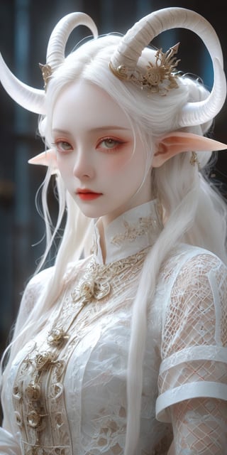 1 girl, Whole_body, (masterful), albino demon girl ,(white dreadlocks,mesh fishnet blouse, (long intricate horns:1.2),best quality, highest quality, extremely detailed CG unity 8k wallpaper, detailed and intricate, 
,steampunk style,Glass Elements, looking_at_viewer,chinese girls,goth person