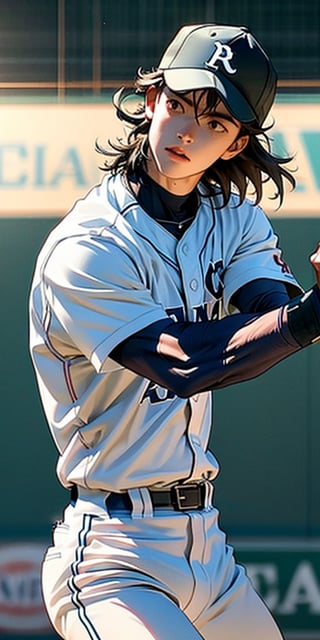 A realistic scene of a baseball player hitting the ball. The batter is mid-swing, with the bat connecting with the ball. The pitcher's mound is visible in the background, with the pitcher watching the hit. The infield is well-groomed, with the bases clearly visible. The stadium is filled with cheering fans, under bright stadium lights. The sky is clear with a hint of sunset.