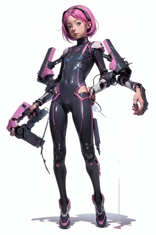 1 girl (best quality), full body, pink hair, short bob hair, astro costume, purple eyes, tight bodysuit, transparent bodysuit, leotard, pose character characteristics, standing pose relaxed arms, neutral standing pose, character characteristics character, full character, futuristic footwear, cyberpunk style, masamune shirow style, neco style, No background, light background, white background, plain white background, no background, clean background, jumpsuit,Mecha