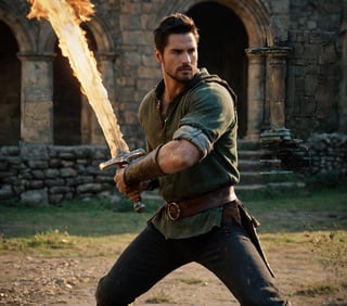 bdo_warrior, scene from movie, 1man, full body, right side view, holding sword with both hands, sword engulfed in flames, flaming sword, slashing with sword, attacking with sword, facial hair, red eyes, green shirt, brown pants, brown boots, background of castle ruins, sophisticated details, sharp focus, masterpiece, perfect anatomy, perfect face, detailed face, handsome face, perfect hands, best quality, 8k