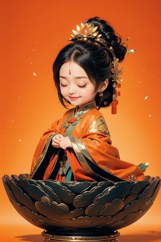 A cute chibi-style illustration featuring a Chinese ancient beauty in prayer. The character has a large head, with the same size as the body, and is depicted with hands clasped tightly, wearing a smiling, solemn, and beautiful expression, with closed eyes in contemplation. The character is positioned on a lotus flower base against a deep Orange background, with a chibi-like appearance.,portrait