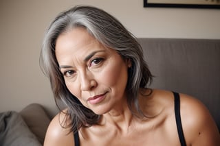 Full body photograph, sensual mature woman, 50 years old, married, Latina, beautiful face, hair with few gray hairs, tall, voluptuous, taken with a Nikon camera, 50mm lens, side hard light