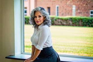 Realistic photography, 8k, natural style, full body, female teacher ((mature)), Latina, 50 years old, ((sexy)), soft slightly curly gray hair, (curvy). lush, thirty-year-old, hip, big butt voluptuous, beautiful legs, normal face, natural skin, beautiful legs, beautiful hands, slight sensual smile, well-defined hands and fingers, well-defined eyes, dressed in skirts, stockings and heels, looking out the window in a classroom, Looking at
 one side, ambient light, natural light, specular reflections on the skin, nikon camera, 50mm lens, f8