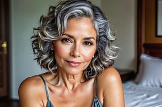 Realistic photography, 8k, natural style, full body, woman ((mature)), Latina, 50 years old, (sexy), soft, slightly curly gray hair, (curvy). lush, thirty-year-old, fit, voluptuous, beautiful legs, normal face, natural skin, beautiful legs, beautiful hands, slight sensual smile, well-defined hands and fingers, well-defined eyes, sexy dress, in a relaxed room, ambient light, natural light, specular reflections on the skin, camera nikon,50mm lens,f8