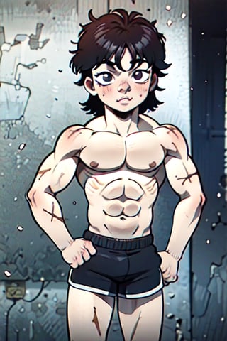 solo, 1boy, monochrome, greyscale, male focus, shorts, muscular, scar, parody, abs, veins, topless male, manly, stitches, dio brando, jonathan joestar,Bakihanma,cutepet,1girl