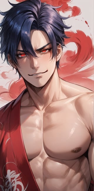 1 man with lethargic sleepy smokey eyes,((slit pupil red eyes)),(dark blue hair),muscular body,kimono,topless, smirk,close up torso, blushing,smoke,japanese calligraphy