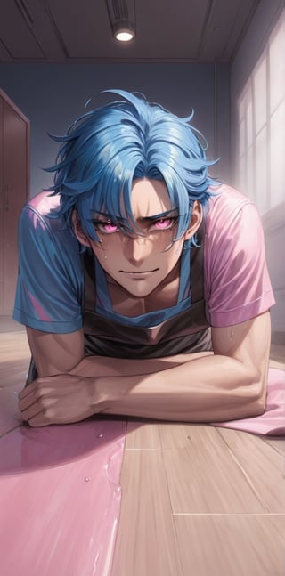 1 man with lethargic sleepy smokey eyes,((slit pupil pink eyes)),(blue hair),fit body,crying with a smirk,pin down against the floor,apron