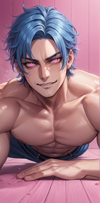 1 man with lethargic sleepy smokey eyes,((slit pupil pink eyes)),(blue hair),muscular body,smirk,doing the middle split on the floor