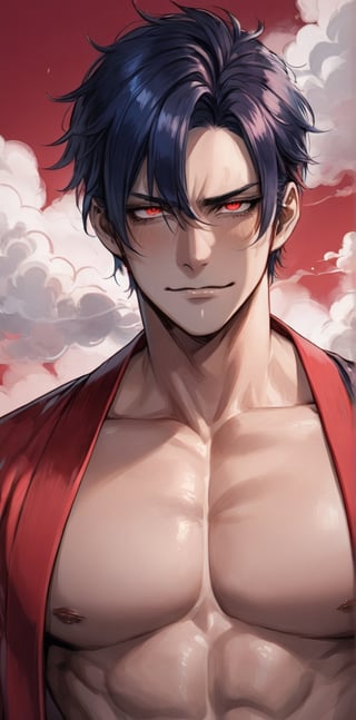 1 man with lethargic sleepy smokey eyes,((slit pupil red eyes)),(dark blue hair),muscular body,kimono,topless, smirk,close up torso, blushing,smoke,japanese