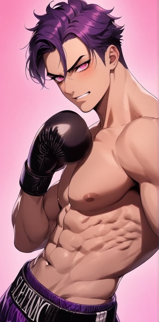 1 man with lethargic sleepy smokey eyes,((slit pupil pink eyes)),(dark purple hair),muscular body,boxing,smirk,blushing