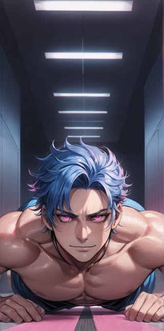 1 man with lethargic sleepy smokey eyes,((slit pupil pink eyes)),(blue hair),muscular body,smirk,doing pushup against the floor