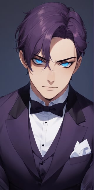 1 man with lethargic sleepy smokey eyes,((slit pupil blue eyes)),(dark purple hair),muscular body,butler uniform