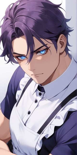 1 man with lethargic sleepy smokey eyes,((slit pupil blue eyes)),(dark purple hair),muscular body,maid uniform