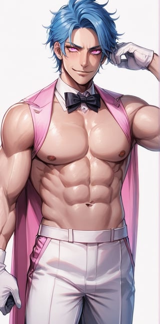 1 man with lethargic sleepy smokey eyes,((slit pupil pink eyes)),(blue hair),muscular body,smirk,butler costum