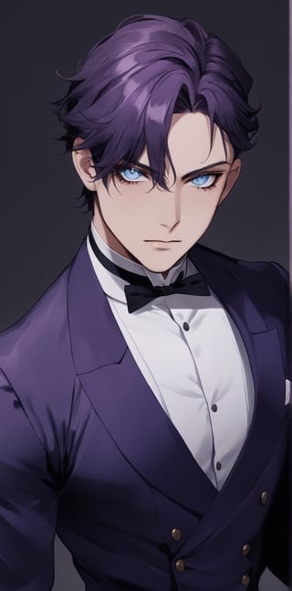 1 man with lethargic sleepy smokey eyes,((slit pupil blue eyes)),(dark purple hair),muscular body,butler uniform